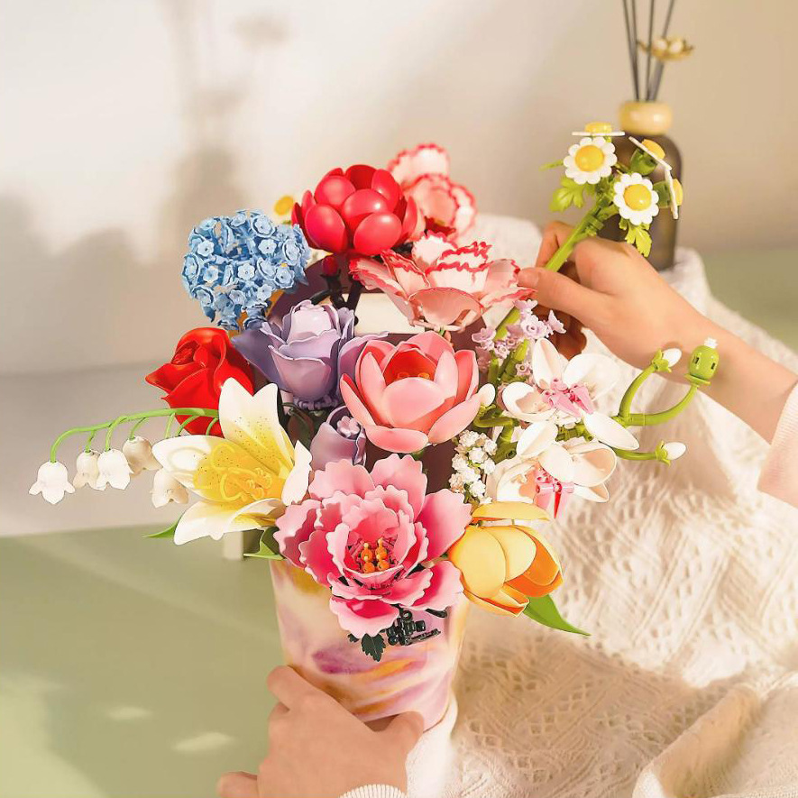 Plant Parent Yearly - PANLOS ブリックフラワービルディングブロック DIY 永遠のバラ チューリップフラワー 造花