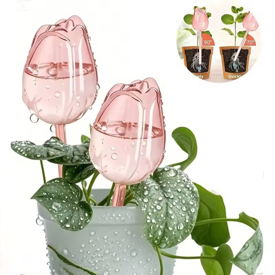 Pothos - 透明な厚手のPET製チューリップ型自動給水スパイク、室内鉢植え植物、バルコニー、家庭菜園用の緩徐放水灌漑器