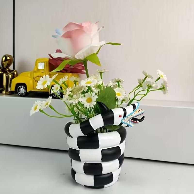 Snake Plant Ceramic - 1個入り 黒白の蛇型樹脂製植木鉢 - クリエイティブなDIYスタイルの装飾鉢、屋内外での使用に適しており、盆栽や室内装飾用の観葉植物に最適、遊び心のあるデザイン
