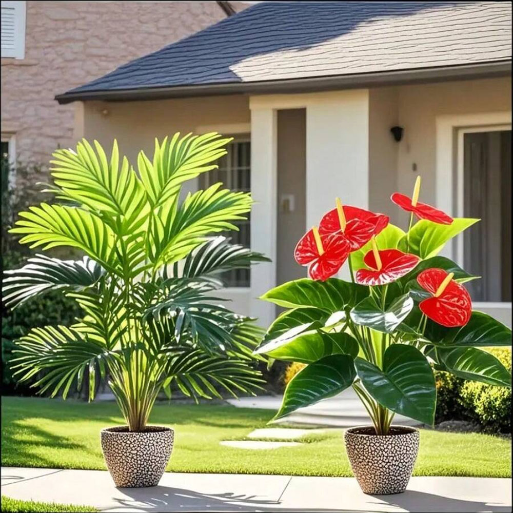 Fiddle Leaf Fig - 2 セット大型人工ヤシ植物とアンスリウムグリーンサイカス葉プラスチック低木植物家庭用バルコニーオフィス屋外装飾