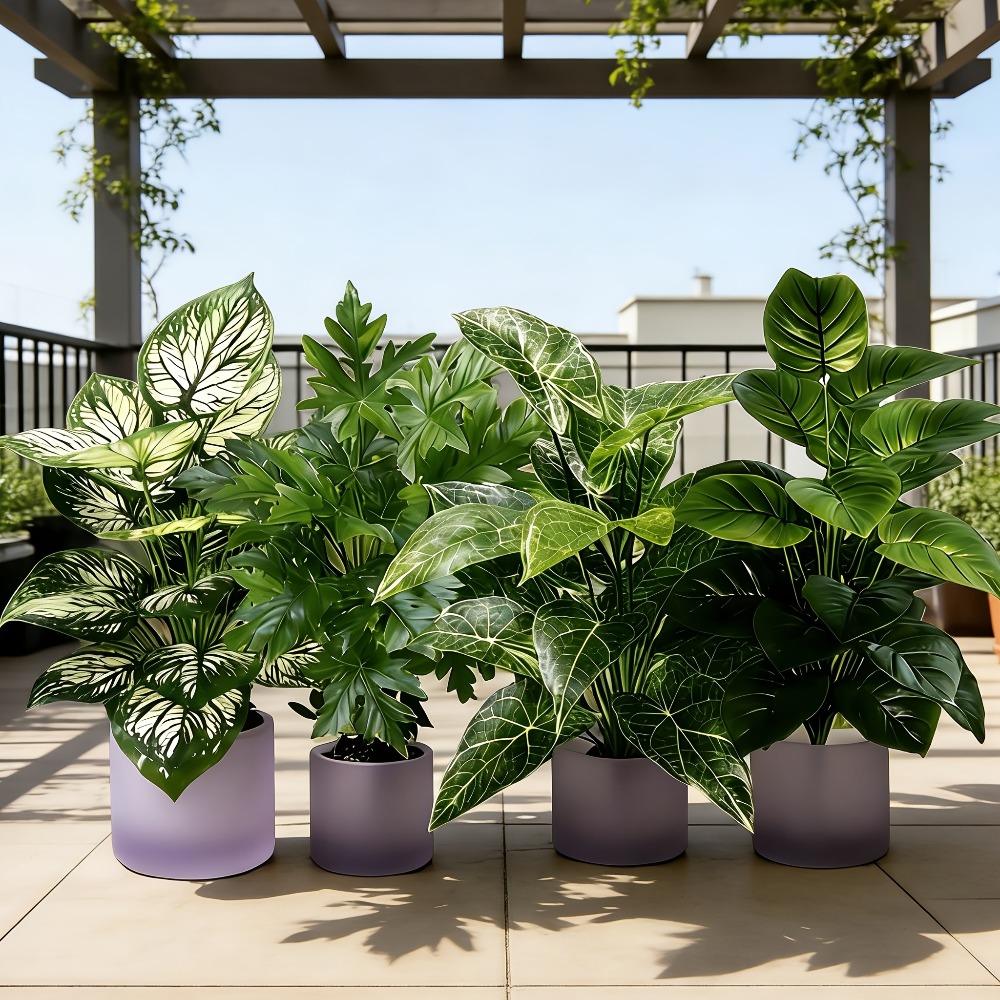 4個入り人工植物、48枚の葉を持つ大型フェイク扇形葉ひまわり - Snake Plant のレビューと価格