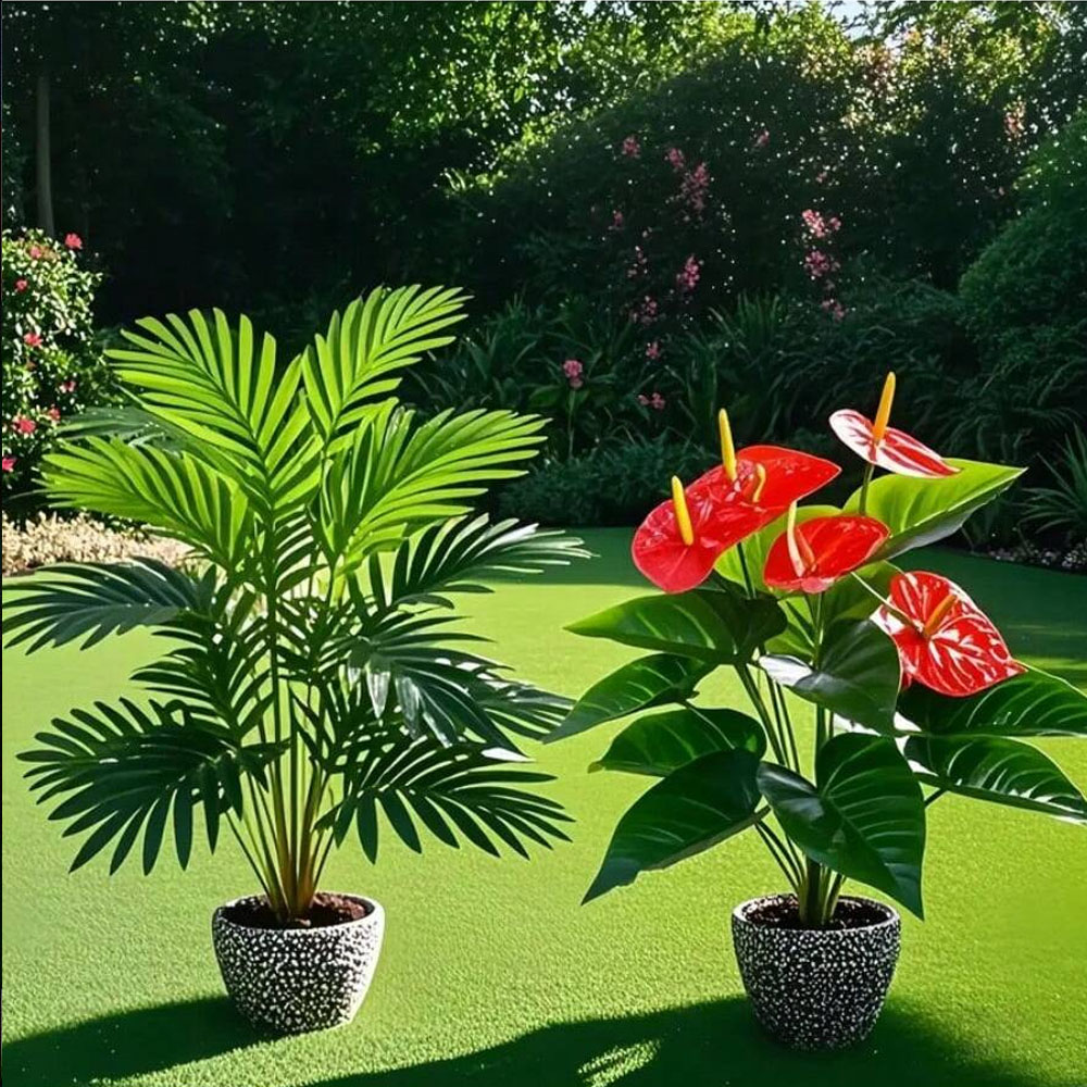 2 セット大型人工ヤシ植物とアンスリウムグリーンサイカス葉プ - Fiddle Leaf Fig のレビューと価格