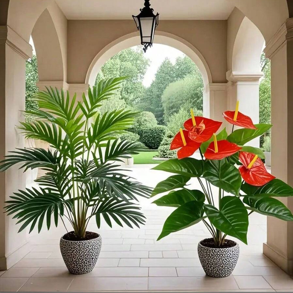 2 セット大型人工ヤシ植物とアンスリウムグリーンサイカス葉プ - Fiddle Leaf Fig のレビューと価格