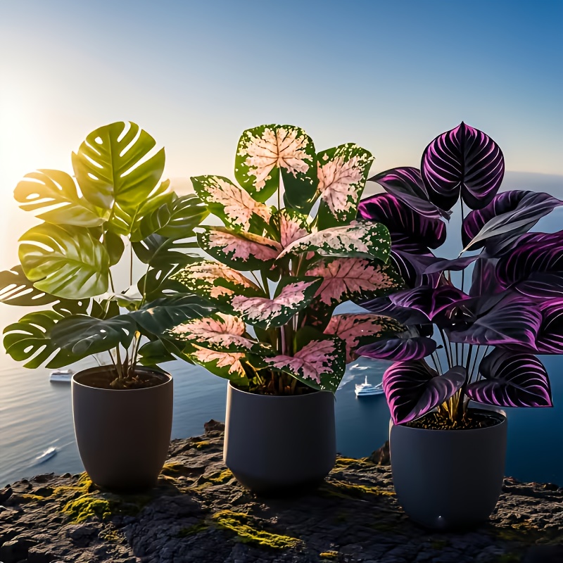 3個入りミックス人工植物セット 大型ピンクモンステラ フェイ - Fiddle Leaf Fig のレビューと価格